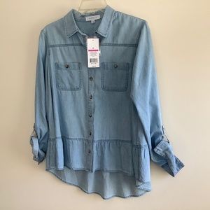 New Directions Sz M Chambray Blue ruffle hi-lo long sleeve top NWT